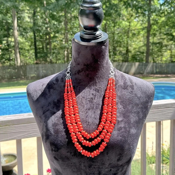 Multiple Looks 3 Strand Orange & Silver Long Statement Necklace Premier Designs - Picture 7 of 16